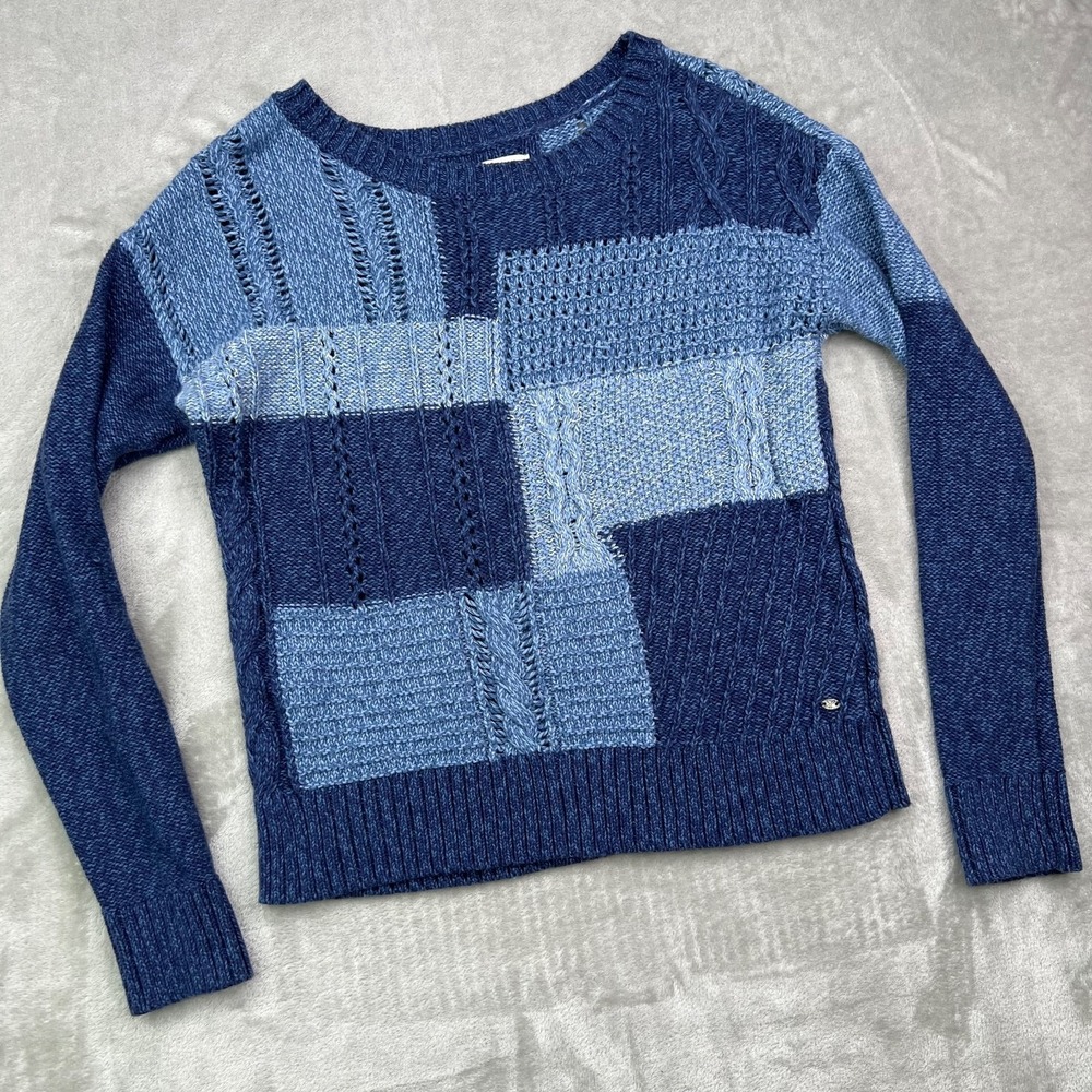 American Eagle Patchwork Crewneck Sweater Womens Medium Blue Long Sleeve Knitted